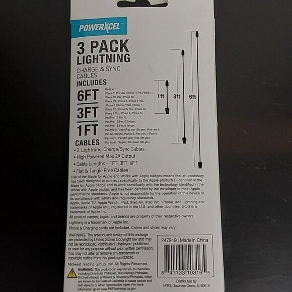 Powerxcel 3 Pack Lightning Charge & Sync Cables - Picture 2 of 7